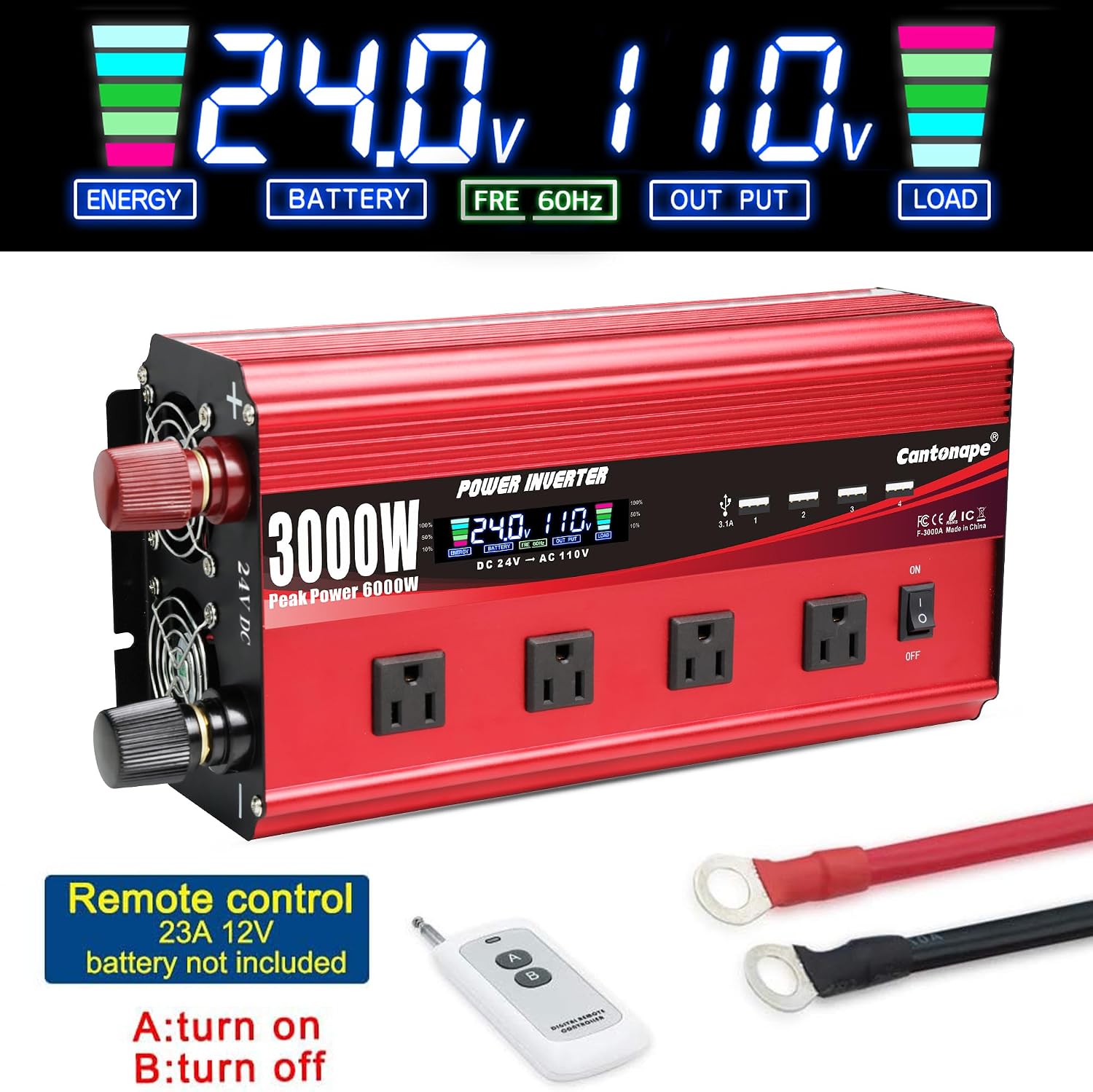 Cantonape 3000W Power Inverter 24V to 110V/120V DC to AC with LCD Display, Remote Controller 4 x AC Outlets and 4 x 3.1A USB Car Adapter for Car Truck Boat RV Solar System