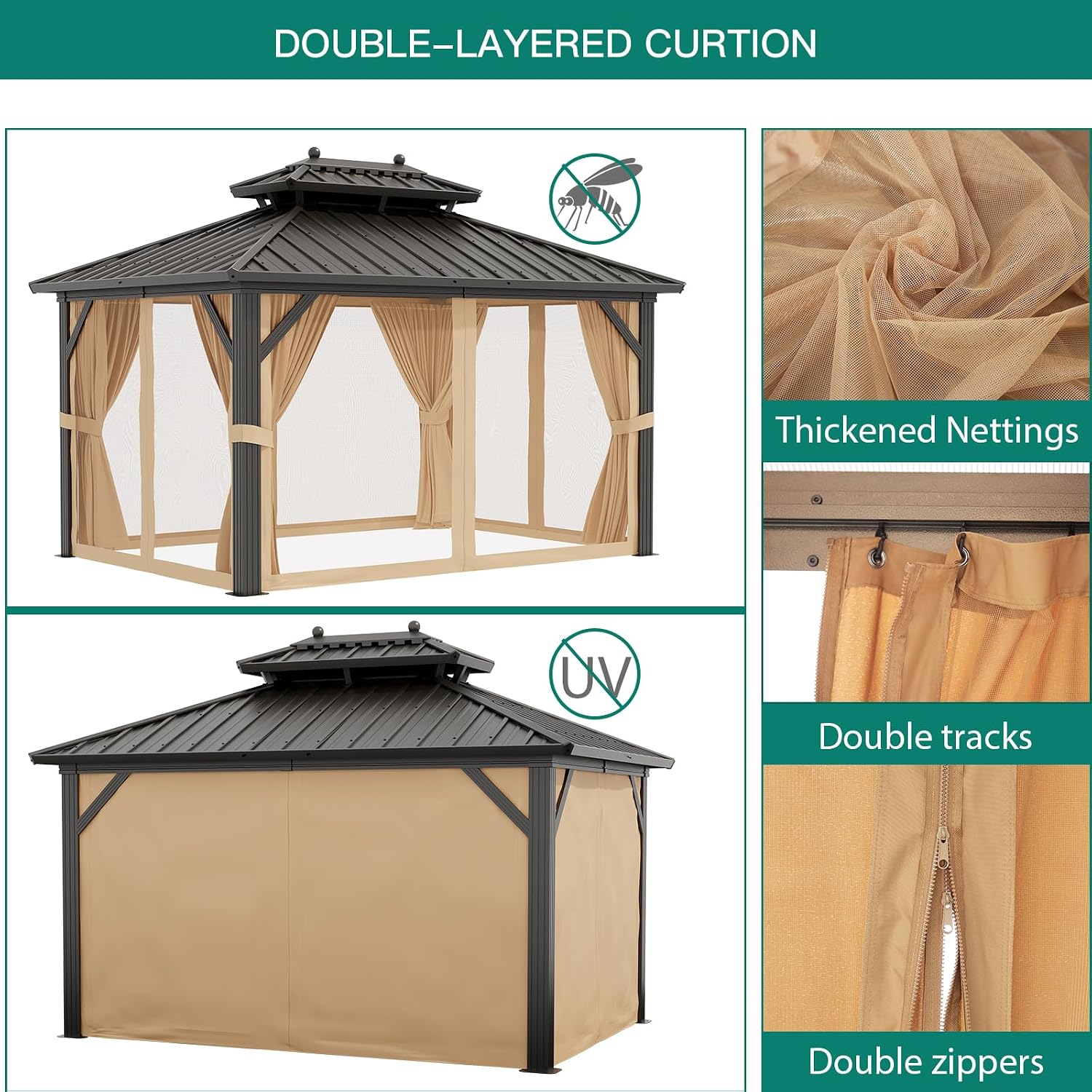 GarveeHome Outdoor Hardtop Gazebos 10 x 12 ft Permanent with High Strength Aluminum Frame, Double-Roof, Pavilion with Curtain and Netting for Patio, Lawn, Deck, Garden (Darkbrown, 10x12 ft)