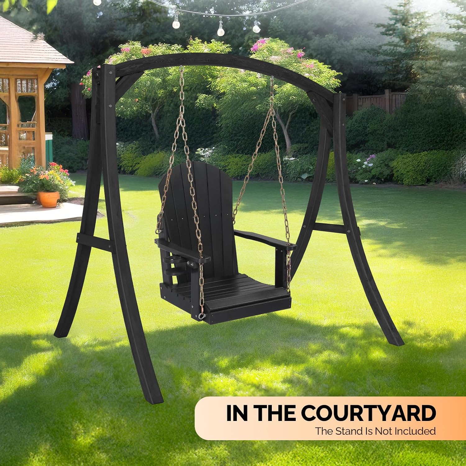 VINGLI Heavy Duty 880 LBS HDPE Porch Swing Outdoor with Rotatable Cup Holder, 1-Person Patio Hanging Swing with Adjustable Chains, Scalloped Backrest for Porch, Yard, Tree, Garden (Black)