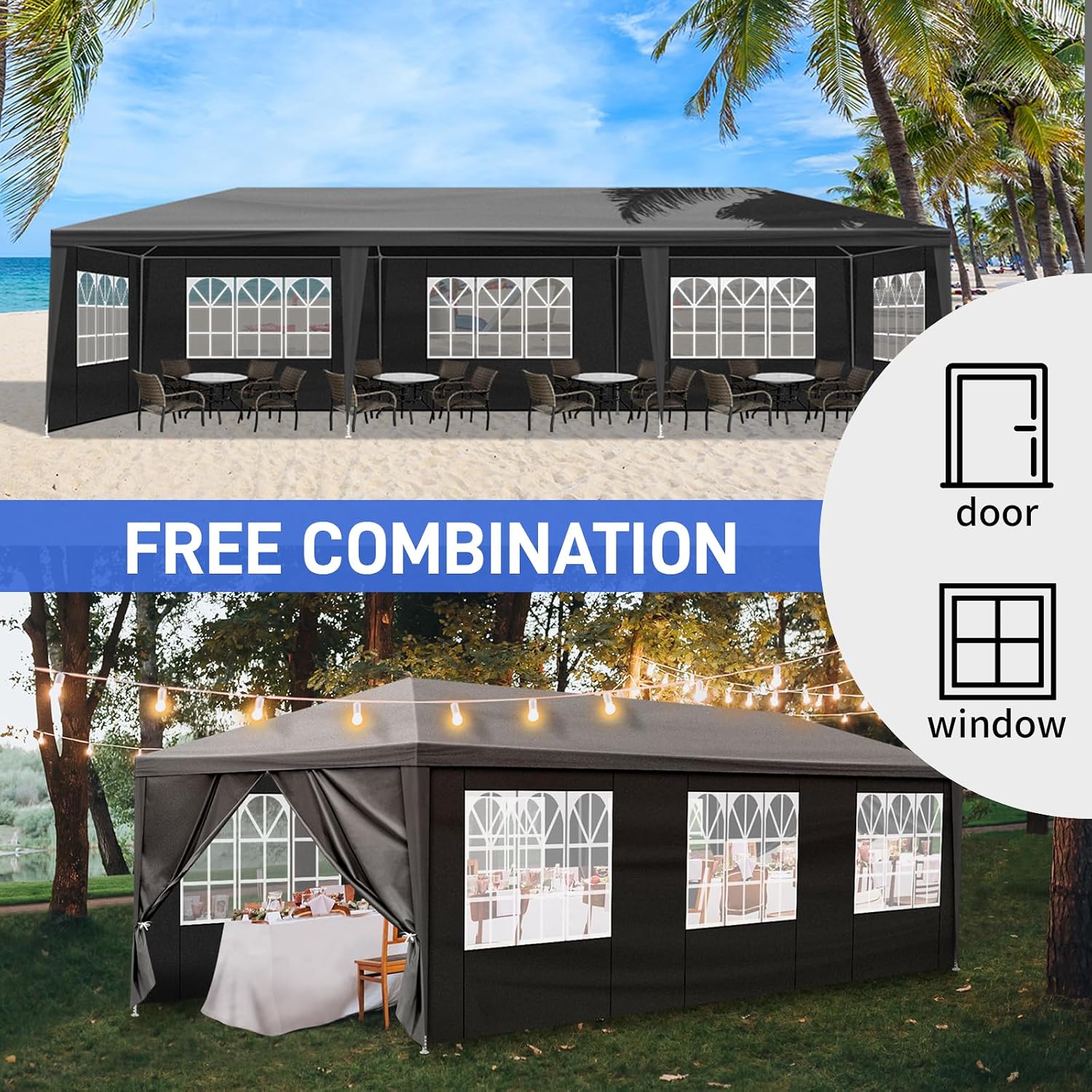 Party Tent for Outdoor Wedding, Birthday, Event, Patio - Gazebo Carport Canopy Shade With Removable Sidewalls & Transparent Window (10'x30'/8 Sidewalls Black)