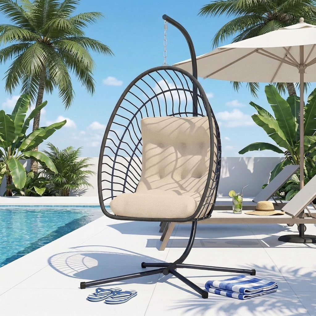 Kingdura Hanging Egg Chair with Stand Indoor Outdoor, Foldable Rattan Wicker Hammock Egg Swing Chair for Bedroom Porch Patio Garden, Thickened Cushion, 350LBS Capacity, Heavy Duty Frame