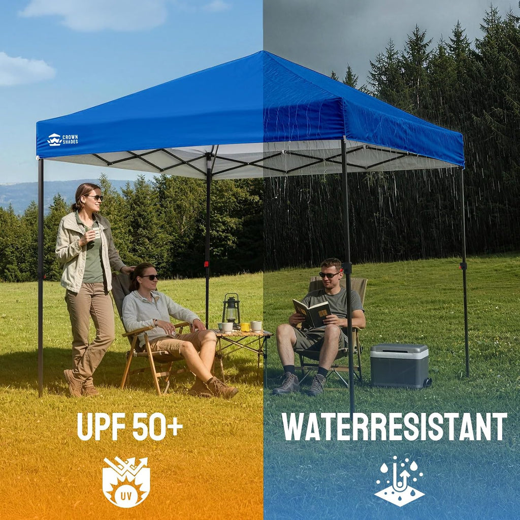 CROWN SHADES 8x8 Pop Up Canopy - Patented Center Lock One Push Instant Outdoor Canopy Beach Tent with STO-N-Go Bag 8 Stakes & 4 Sand Bags，Blue