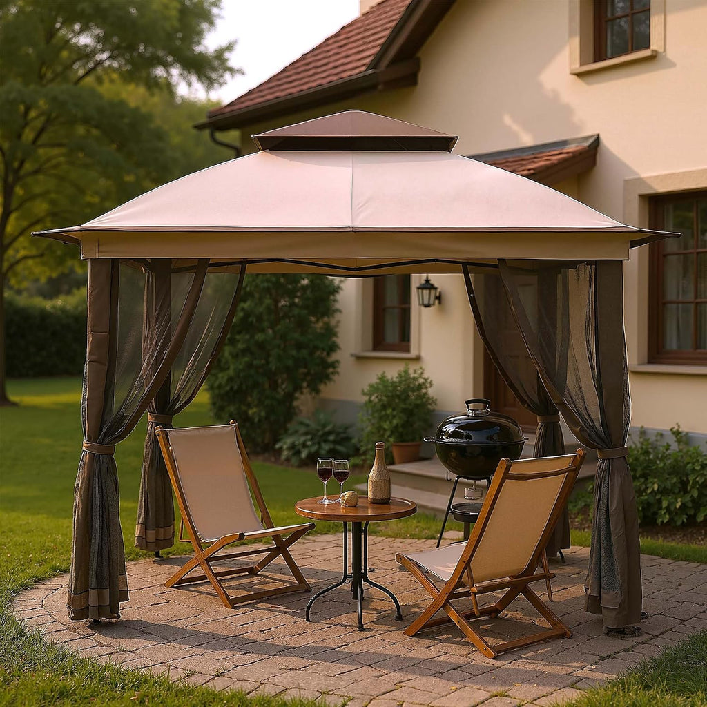 Pop Up Gazebo 11x11, Outdoor Instant Canopy Shelter Tent with Mosquito Netting Metal Frame Storage Bag for Patio Garden Backyard.(Beige)