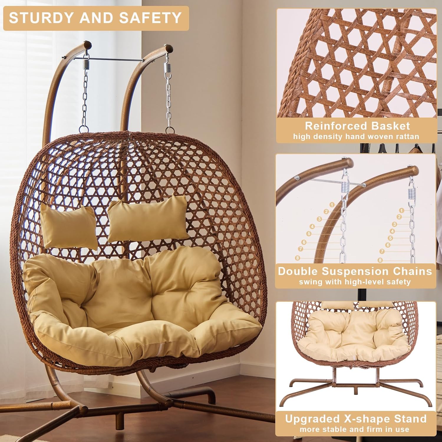Double Swing Egg Chair with Stand, Hexagon Rattan Wicker Swing Chair Outdoor, Large 2 Person Patio Hanging Chair with Foldable Loveseat Removable Cushions (Beige)
