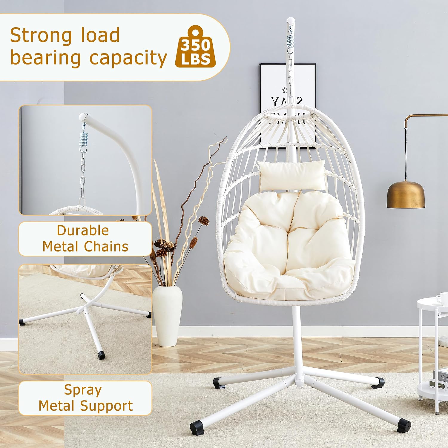 Egg Chair with Stand – Faux Rattan Wicker Hanging Hammock Chair, Soft Cushions & Pillow, Titanium Alloy Frame, UV-Resistant, All-Weather, Easy Assembly, 350 lbs Capacity for Patio, Garden, Balcony