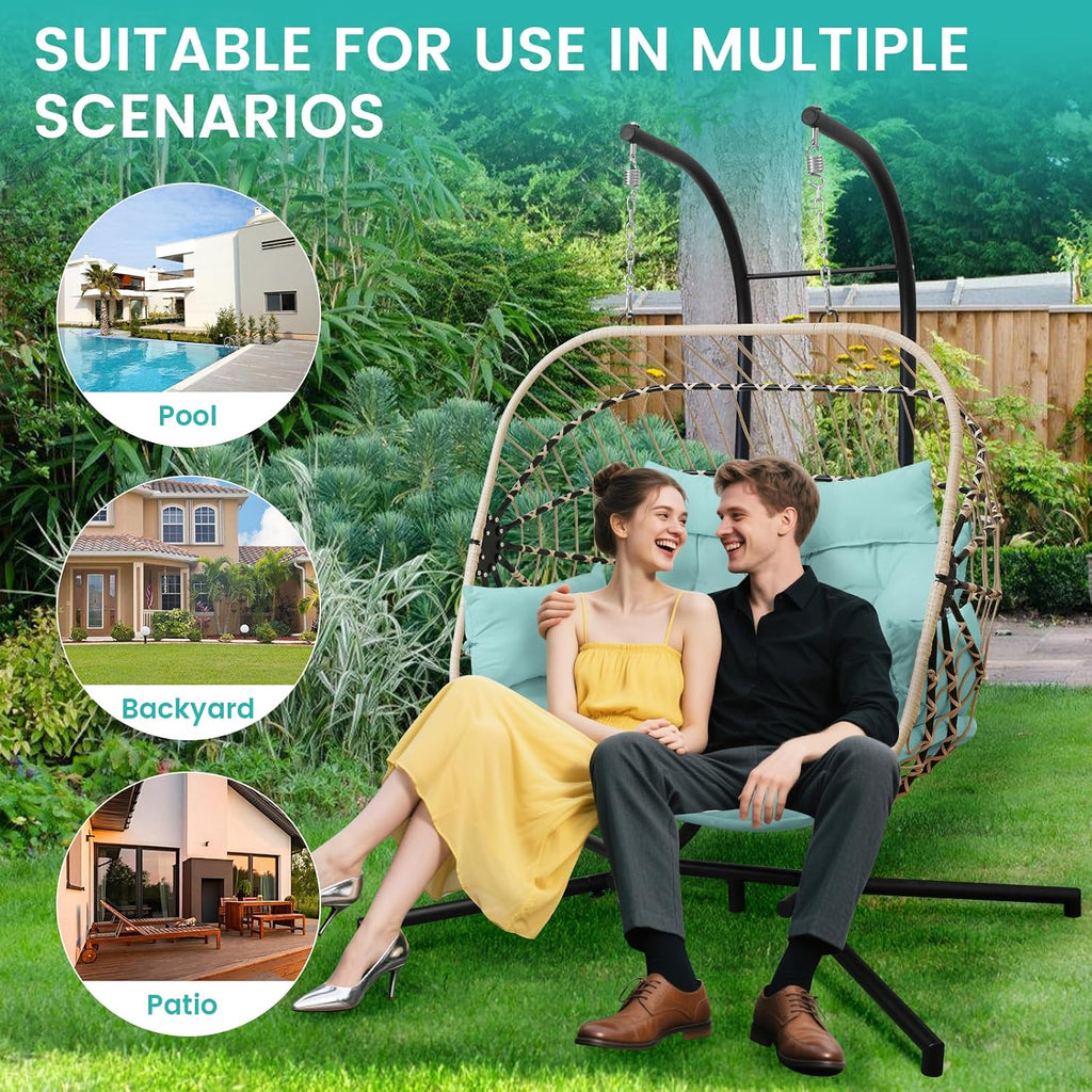 Double Egg Swing Chair with Stand Patio Rattan Wicker Hammock Chairs Outdoor Indoor Egg Swing Chair with Cushion Headrest 550 Lbs Capacity for Bedroom Balcony Garden Porch Backyard, Blue