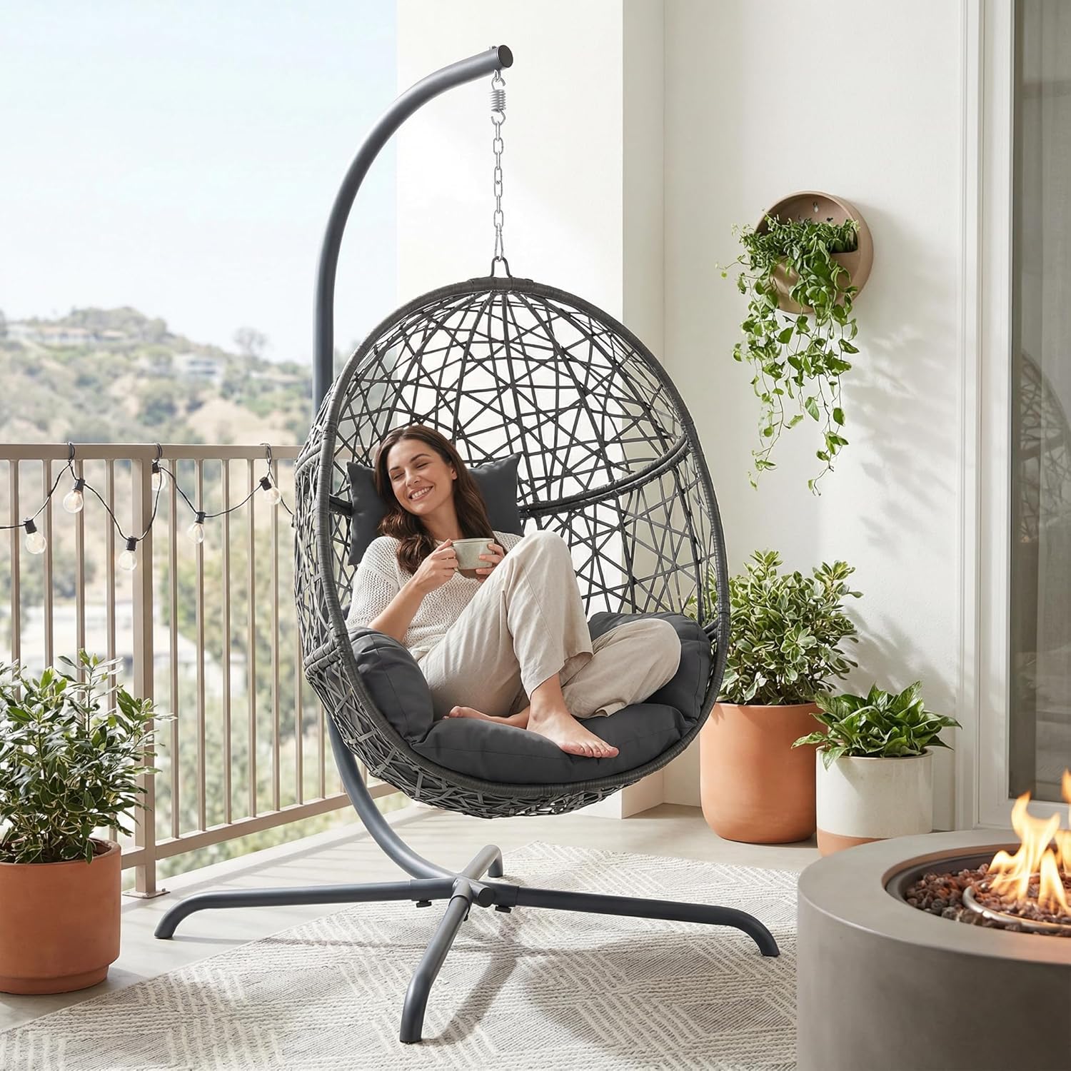 NICESOUL Swing Egg Chair with Stand, Bird Cage Patio Hanging Chair with Cushion, Large Swinging Chairs Indoor Outdoor, All-Weather 350lbs Eggshell Basket Seat for Porch, Backyard, Dark Grey