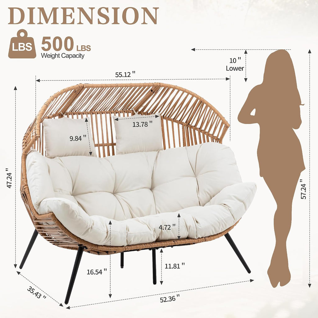 Shintenchi Double Egg Chair Outdoor Rattan Patio Chair with Cushion, Oversized 2 Person Patio Lounge Chairs with Cushion Egg Basket Chair, Egg Seat Indoor Living Room Bedroom Patio Backyard Balcony