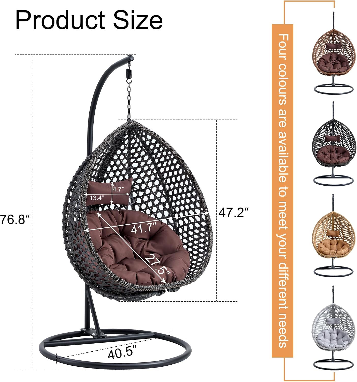 Egg Chair Indoor Outdoor, Hanging Chair for Bedroom, Swing Chair Hammock with Stand & Cushions, Comfy Swinging Chair Adult Reading Chair for Patio Balcony Backyard, Heavy Duty 350LBS, Black