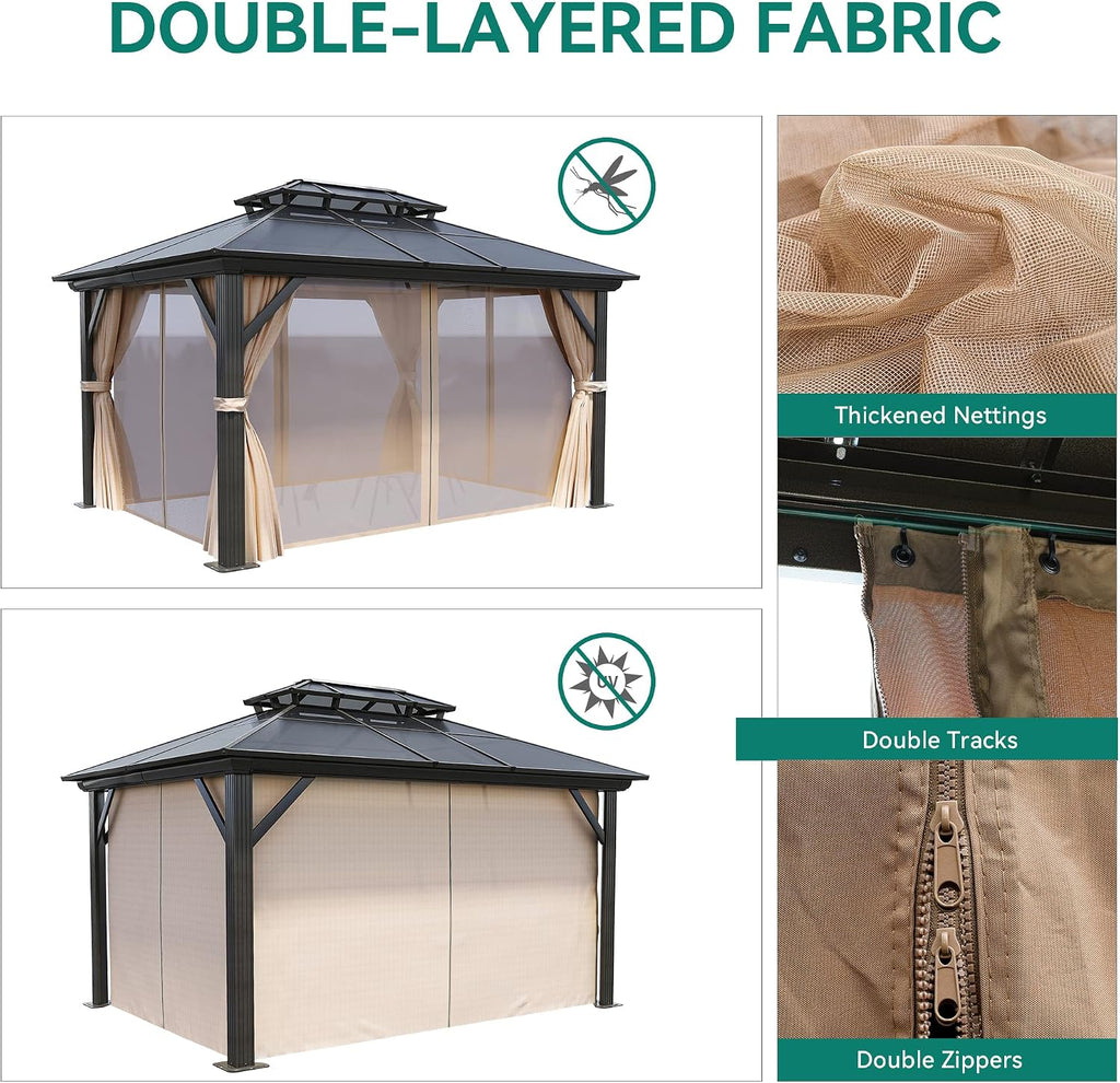 YITAHOME 10x12FT Hard-Top Double Roof Gazebo Canopy Outdoor with Netting and Shaded Curtains, Aluminum Frame Polycarbonate Hardtop Garden Tent for Patio, Backyard, Deck and Lawns, Brown