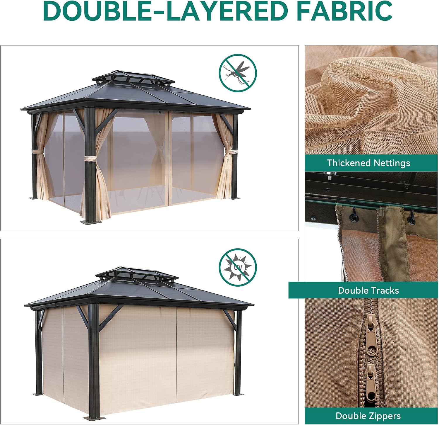 YITAHOME 10x12FT Hard-Top Double Roof Gazebo Canopy Outdoor with Netting and Shaded Curtains, Aluminum Frame Polycarbonate Hardtop Garden Tent for Patio, Backyard, Deck and Lawns, Brown