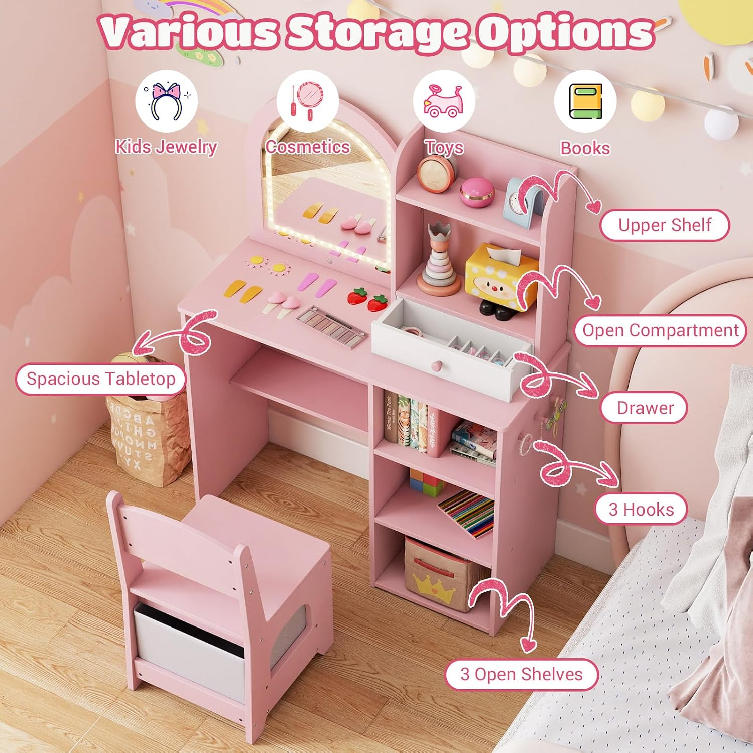 Costzon Kids Vanity with Lights, Girls Vanity Set with Mirror, Storage Drawer, Hooks & Shelves, Toddler Makeup Vanity Desk Dressing Table, Wooden Kids Vanity Table and Chair Set (Pink)