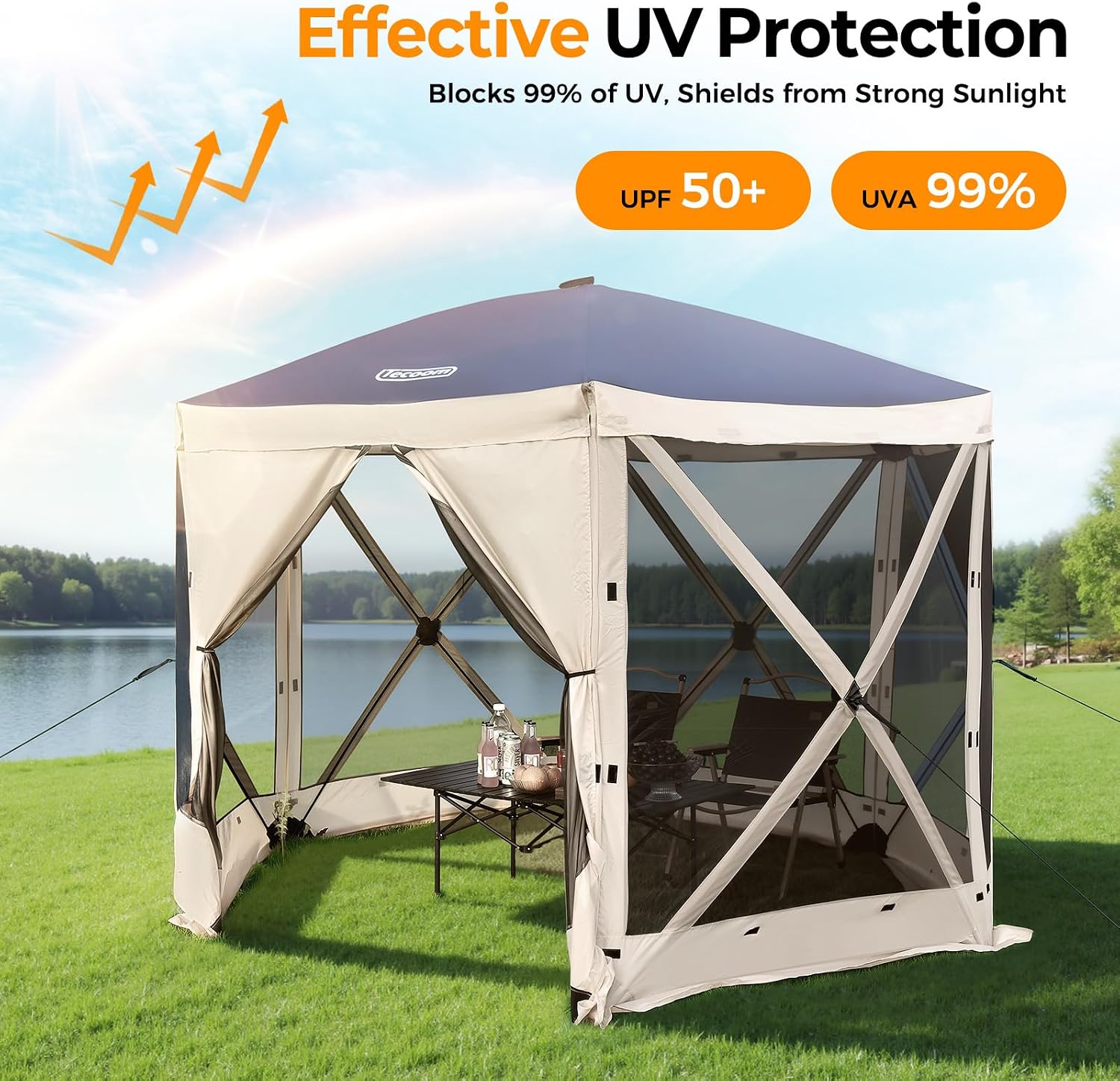 Tecoom 6-Sided Pop Up Gazebo Tent, Screen House with Mosquito Netting Canopy for Camping, 10x10ft Portable Sun Shelter Removable Siedwalls for Outdoor, Garden, Activities, Khaki