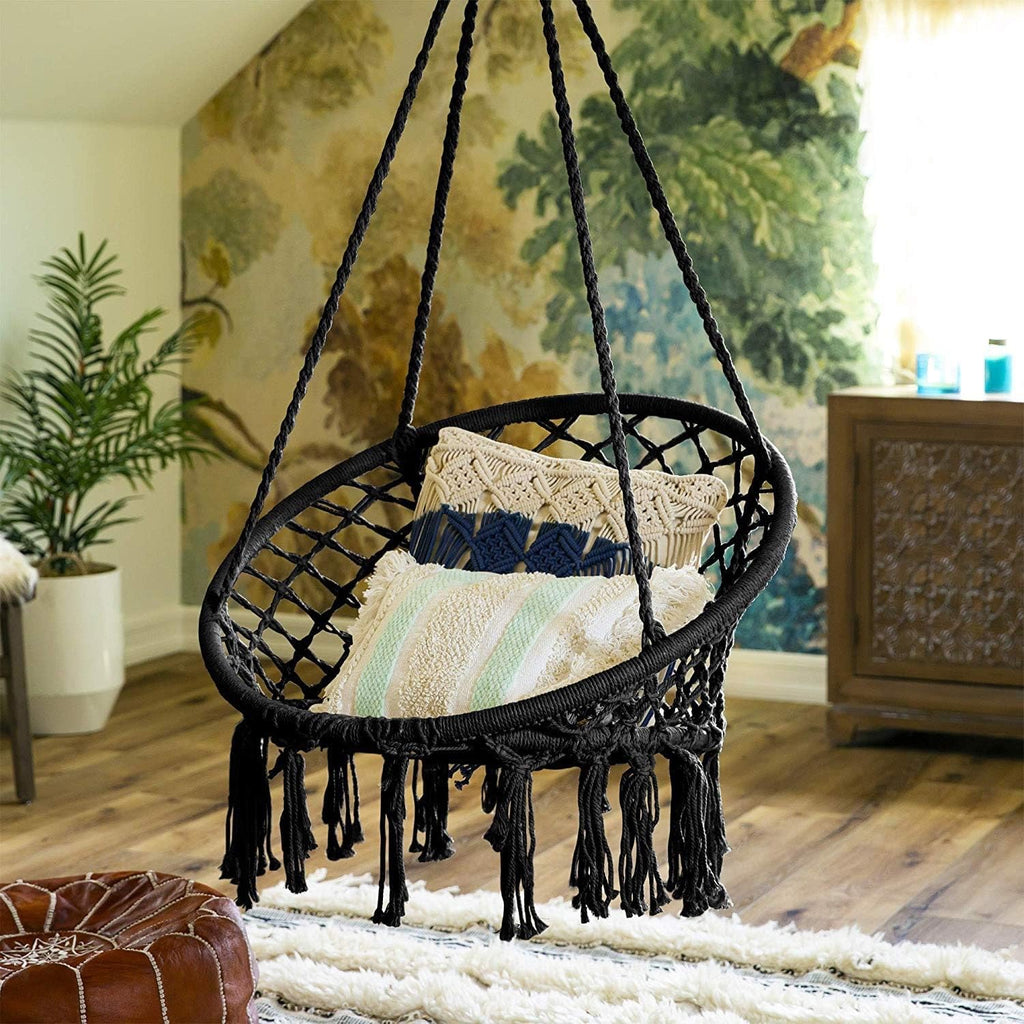 Hanging Swinging Chair, Macrame Hammock Hanging Swinging Chairs with Soft Cushions and Hardware Accessories, Hanging Chair for Indoor and Outdoor Use, 3 Installation Methods, Beige (3, Black)