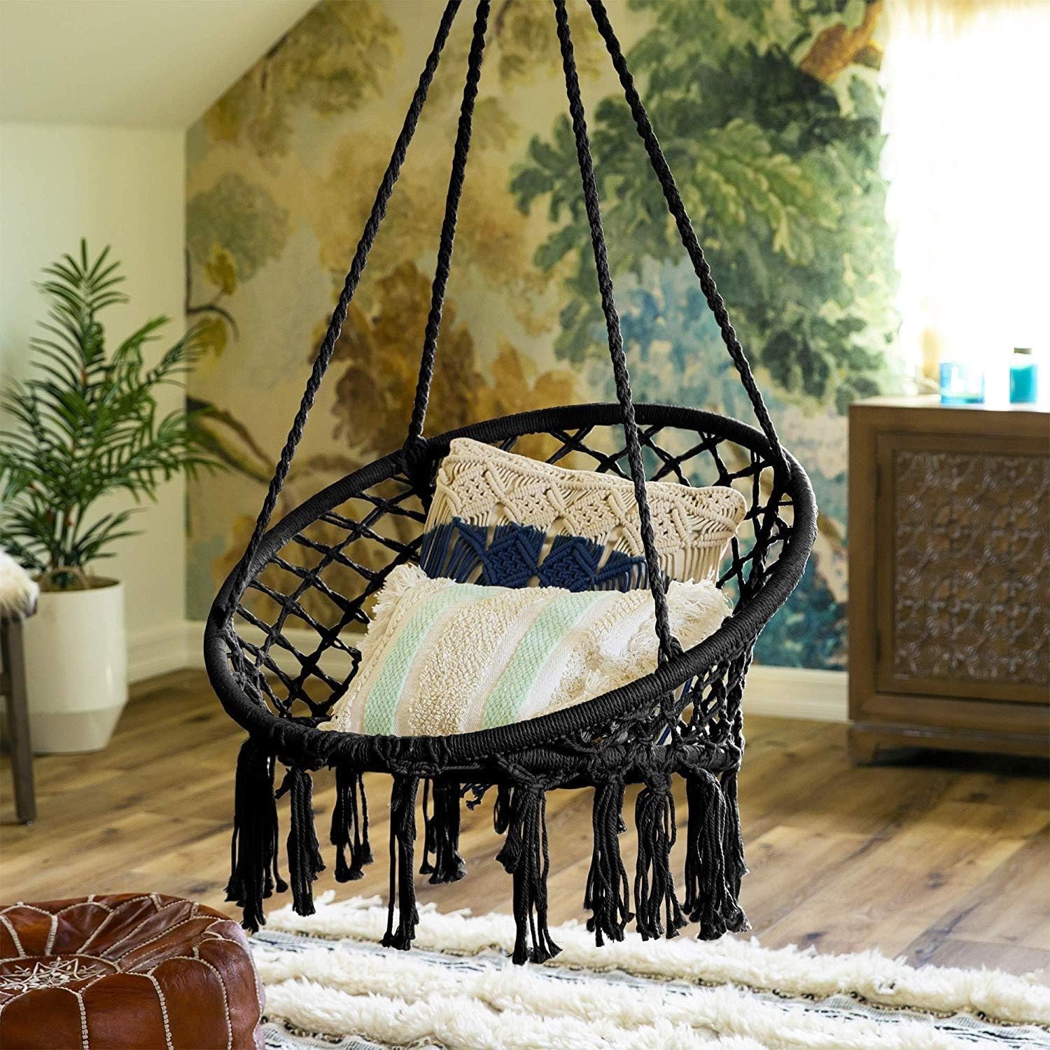 Hanging Swinging Chair, Macrame Hammock Hanging Swinging Chairs with Soft Cushions and Hardware Accessories, Hanging Chair for Indoor and Outdoor Use, 3 Installation Methods, Beige (3, Black)