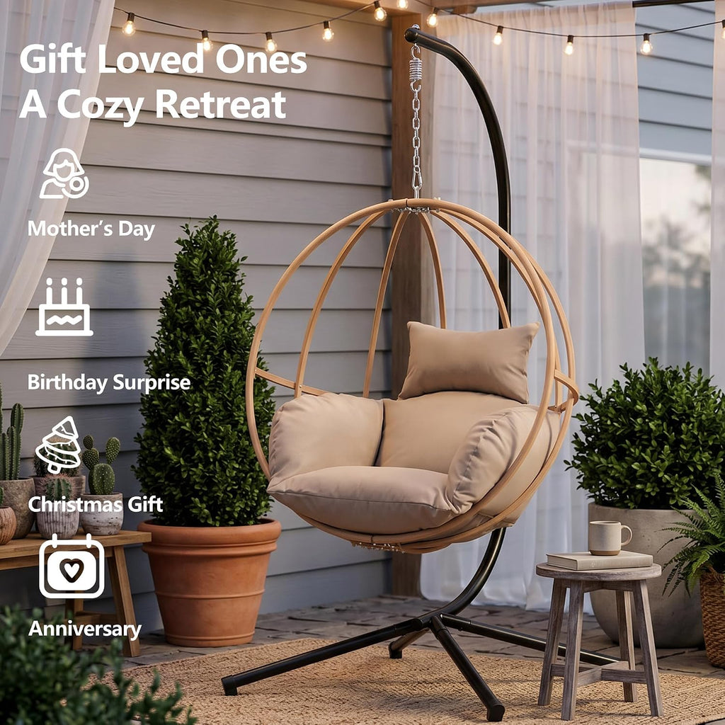 Egg Chair Outdoor, Imitation Rattan Hanging Egg Chair with Stand, Hanging Chairs with Cushions, 80' High All Weather Basket Swinging Chairs, Egg Swing Chairs Outdoorfor Balcony/Deck, Khaki