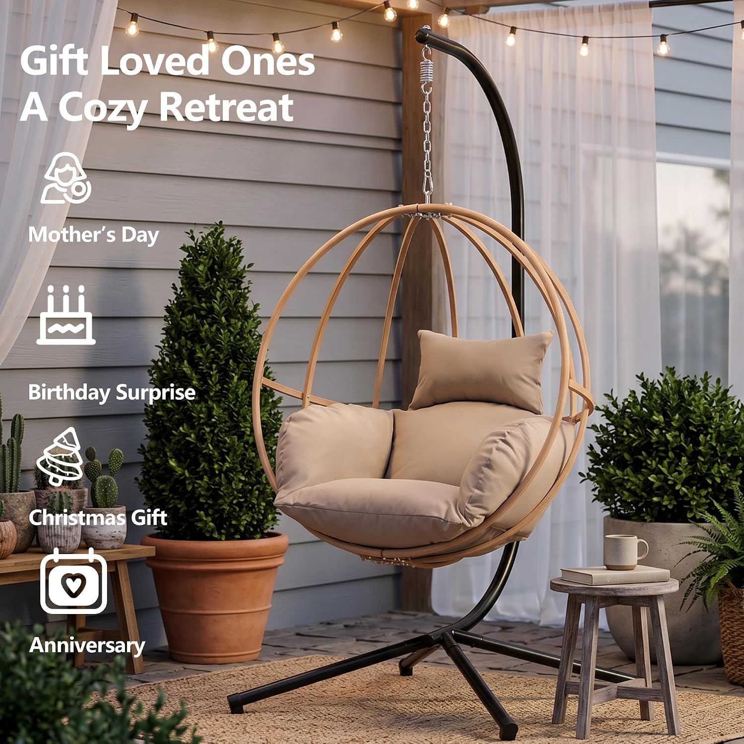 Egg Chair Outdoor, Imitation Rattan Hanging Egg Chair with Stand, Hanging Chairs with Cushions, 80' High All Weather Basket Swinging Chairs, Egg Swing Chairs Outdoorfor Balcony/Deck, Khaki