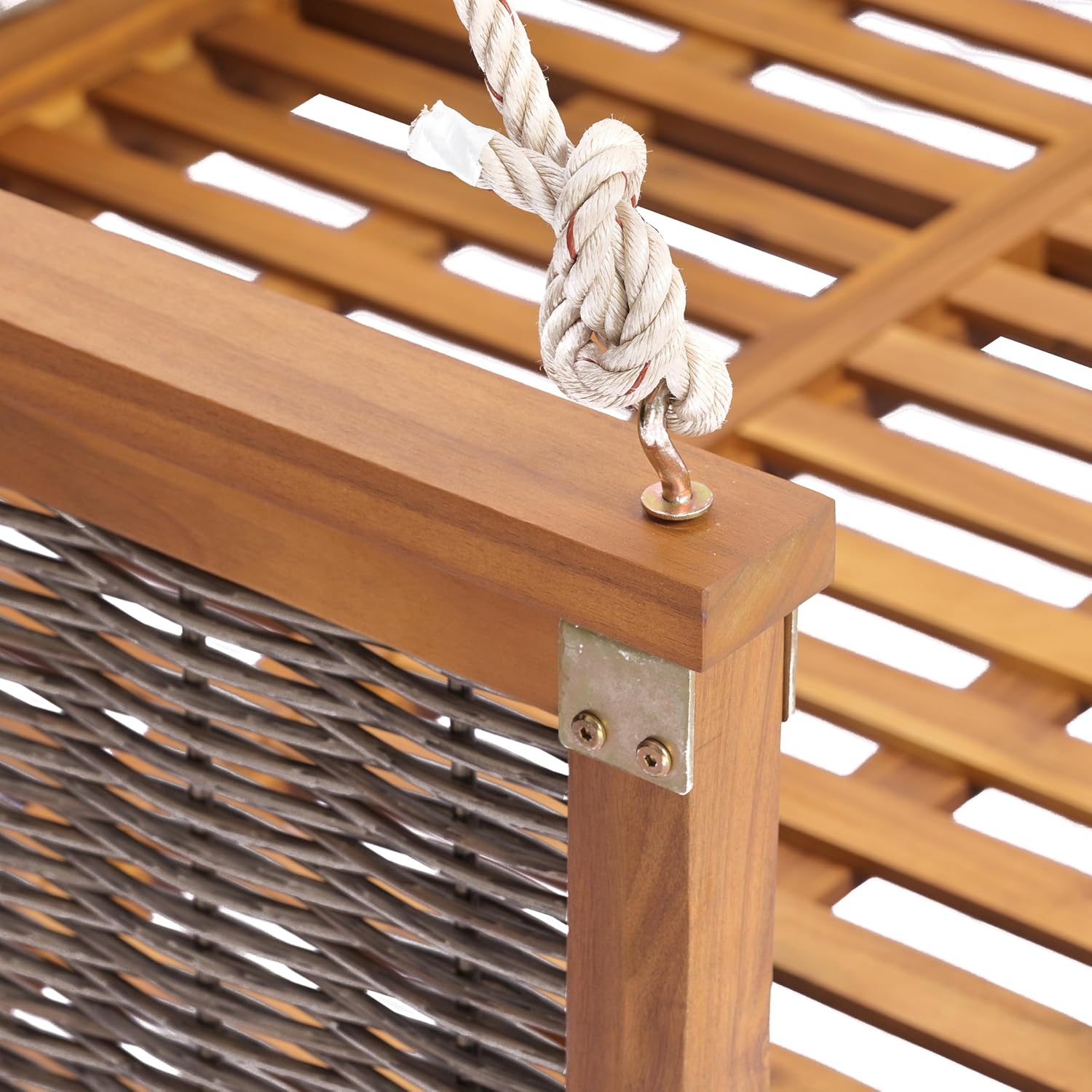 Acacia Wood & Rattan Twin Size Outdoor Swing Bed with Hanging Ropes - 3 Color Options for Backyard or Porch Relaxation (Teak/RR)