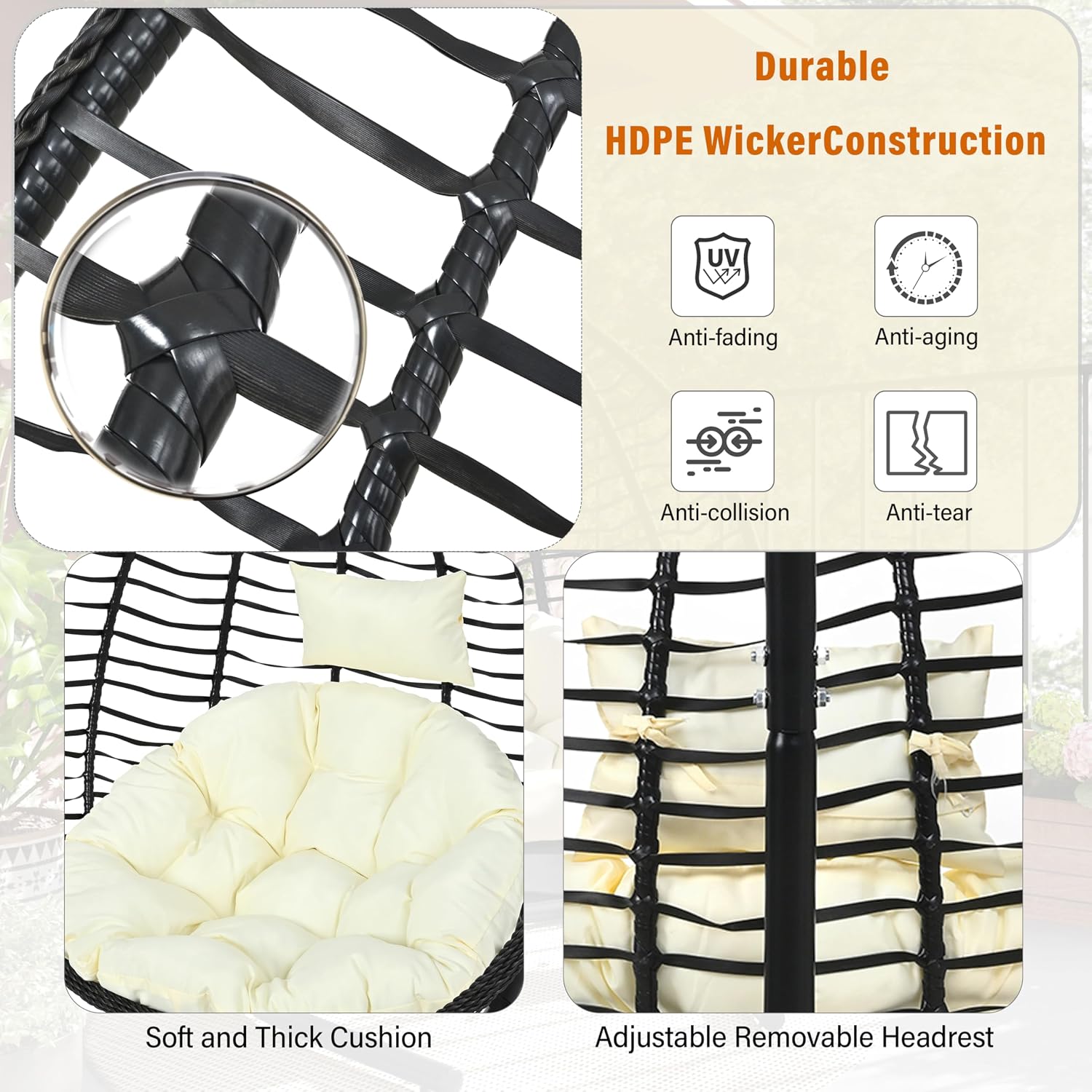 Qwork Hanging Egg Chair with Stand, Modern Foldable Wicker Swing Chair, Deep Seat Hammock with Creamy Beige Cushion, 330lbs Heavy Duty for Living Room, Bedroom, Patio (Black Frame + Beige Cushion)