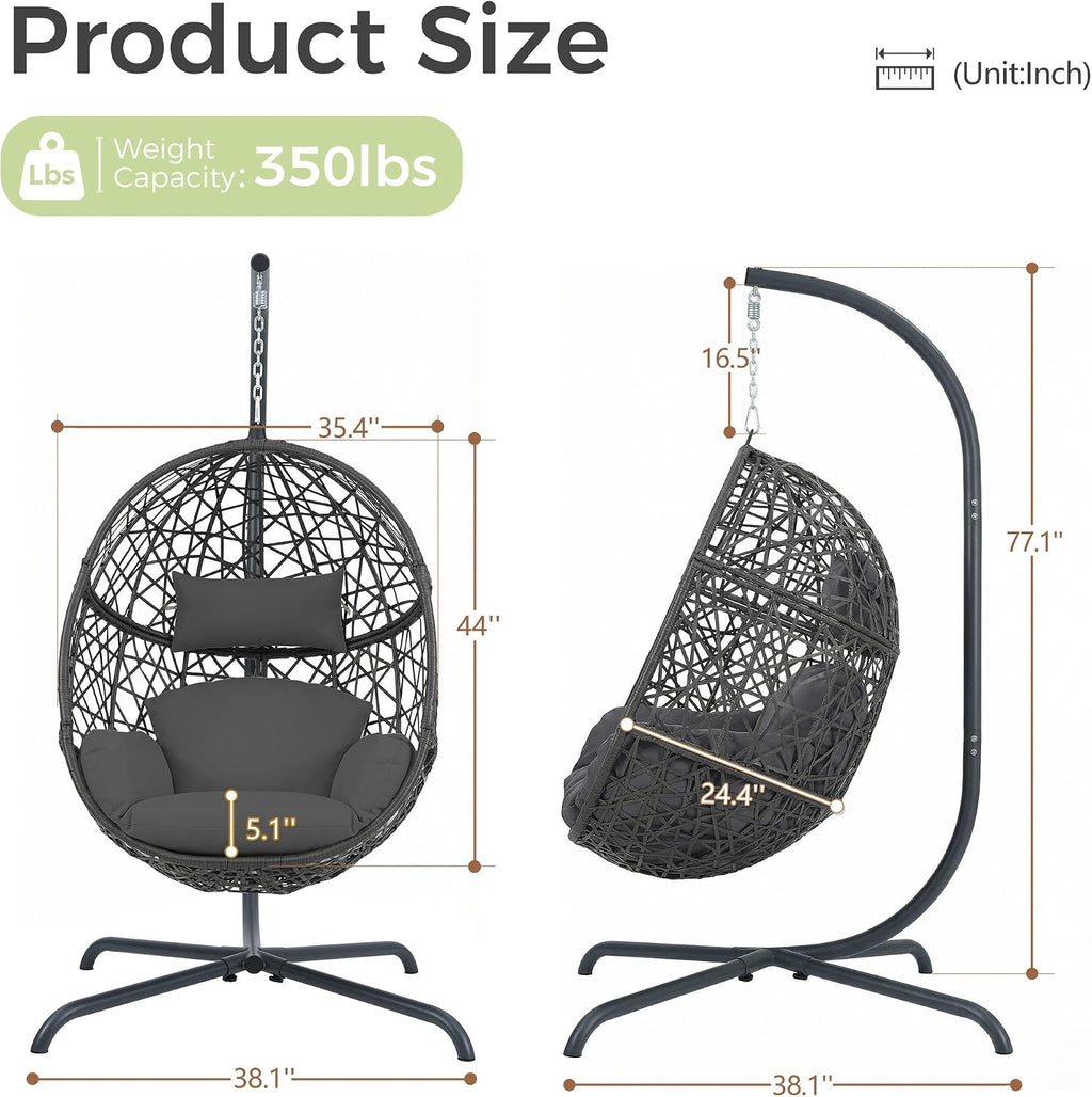 RADIATA Hanging Egg Chair with Stand, Outdoor Swing Egg Chair with Thick Cushion, Rattan Bird Cage Eggshell Basket Seat, Patio Swinging Hammock Chair for Outside Backyard, Dark Grey