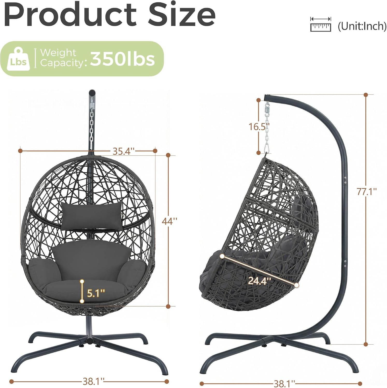 RADIATA Hanging Egg Chair with Stand, Outdoor Swing Egg Chair with Thick Cushion, Rattan Bird Cage Eggshell Basket Seat, Patio Swinging Hammock Chair for Outside Backyard, Dark Grey