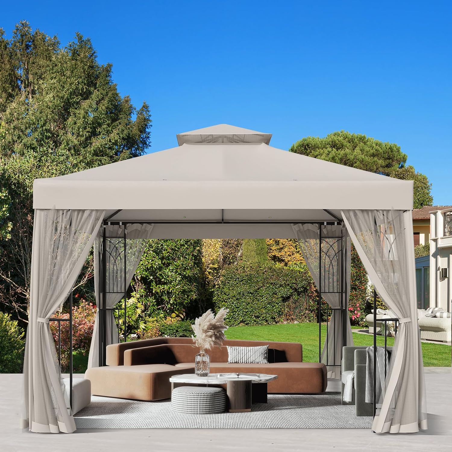 10x10 Outdoor Gazebo Tent with Netting and Corner Shelves, Double Roof Patio Gazebo with Soft Fabric Top, Outdoor Pavilion for Backyard Patio Garden Lawn, Beige