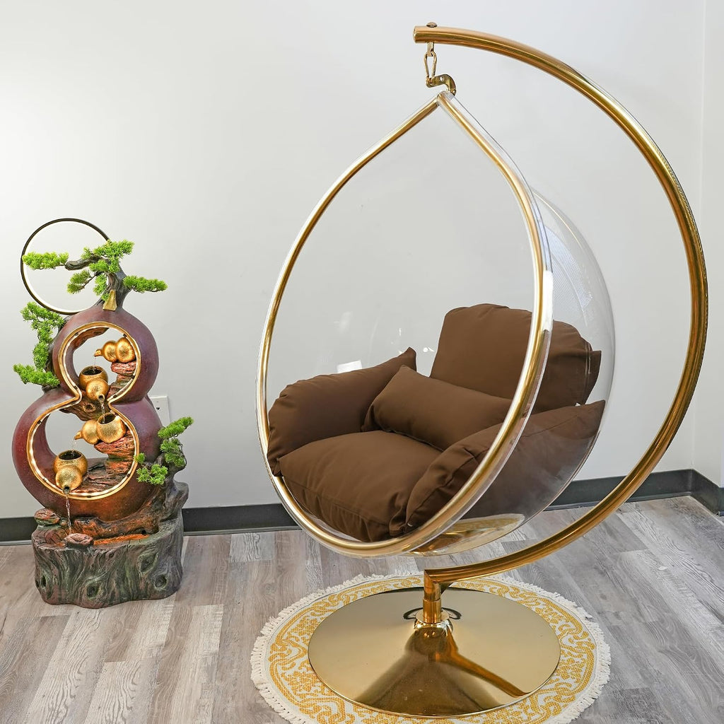Hanging Chair - Transparent Acrylic Bubble, Waterdrop Shape, Indoor Swing Chair with Gold/Chrome Stand, Durable Fabric Cushion - Luxury Accent for Living Room, Bedroom (Gold/LightCoffee)