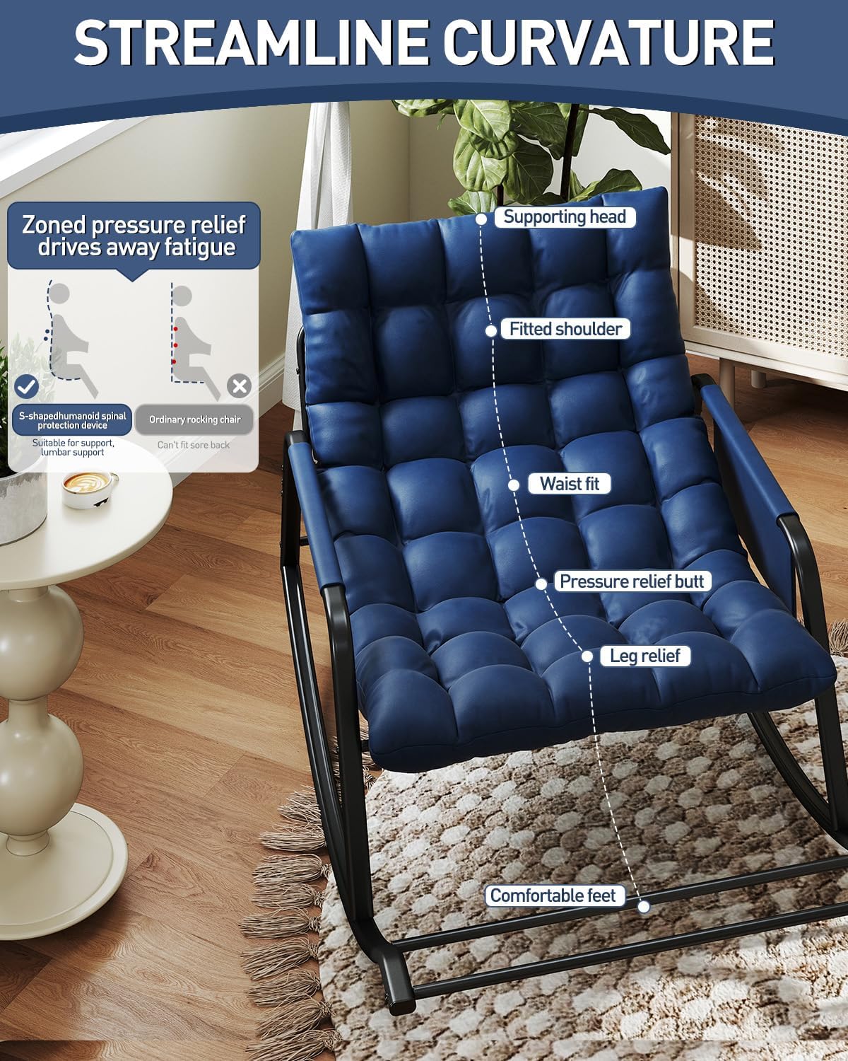 Oversized Indoor Rocking Chair, Plush Papasan Chair with Comfy Padded Cushions & Side Pocket, for Patio Garden, Porch, Lounge, Outdoor, Navy