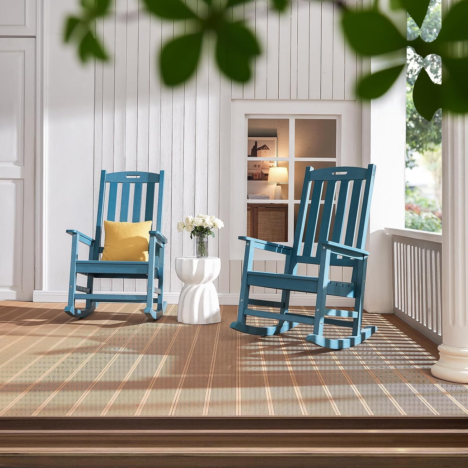 Psilvam Oversized Outdoor Rocking Chair Set of 2, Porch Rocker with 21' Wide Seat and 32' Tall Backrest, Pre-Assembled with Most Components for Effortless Installation (Blue)