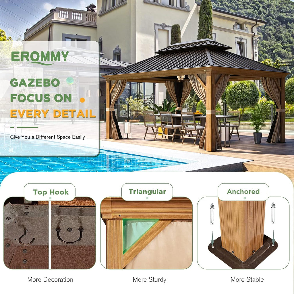 EROMMY 12x14 Gazebo, Wooden Finish Frame Gazebos with Galvanized Steel Roof for Patio & Backyard