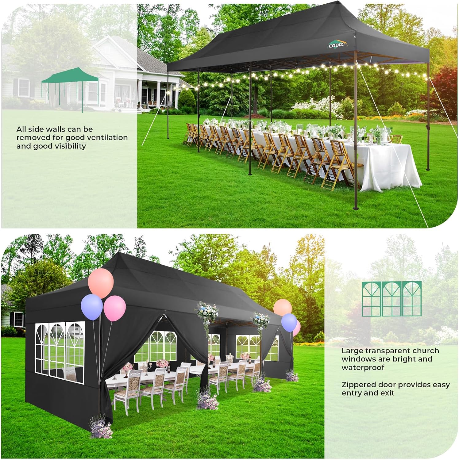 COBIZI Heavy Duty 10x30 pop up Canopy, Commercial10x30 Party Tent for Parties Waterproof Gazebos with 8 Sidewalls, All Season Wind & Waterproof UPF50+,Stable Thickened Frame, Black