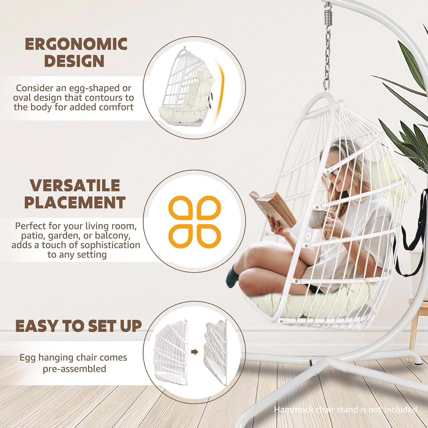 Chihee Egg Chair Foldable Wicker Rattan Hanging Swing Chairs Indoor Outdoor Patio Wicker Chair Hammock Chair with Stainless Steel Hanging Kit Chain Link UV Resistant Cushion Bedroom Balcony