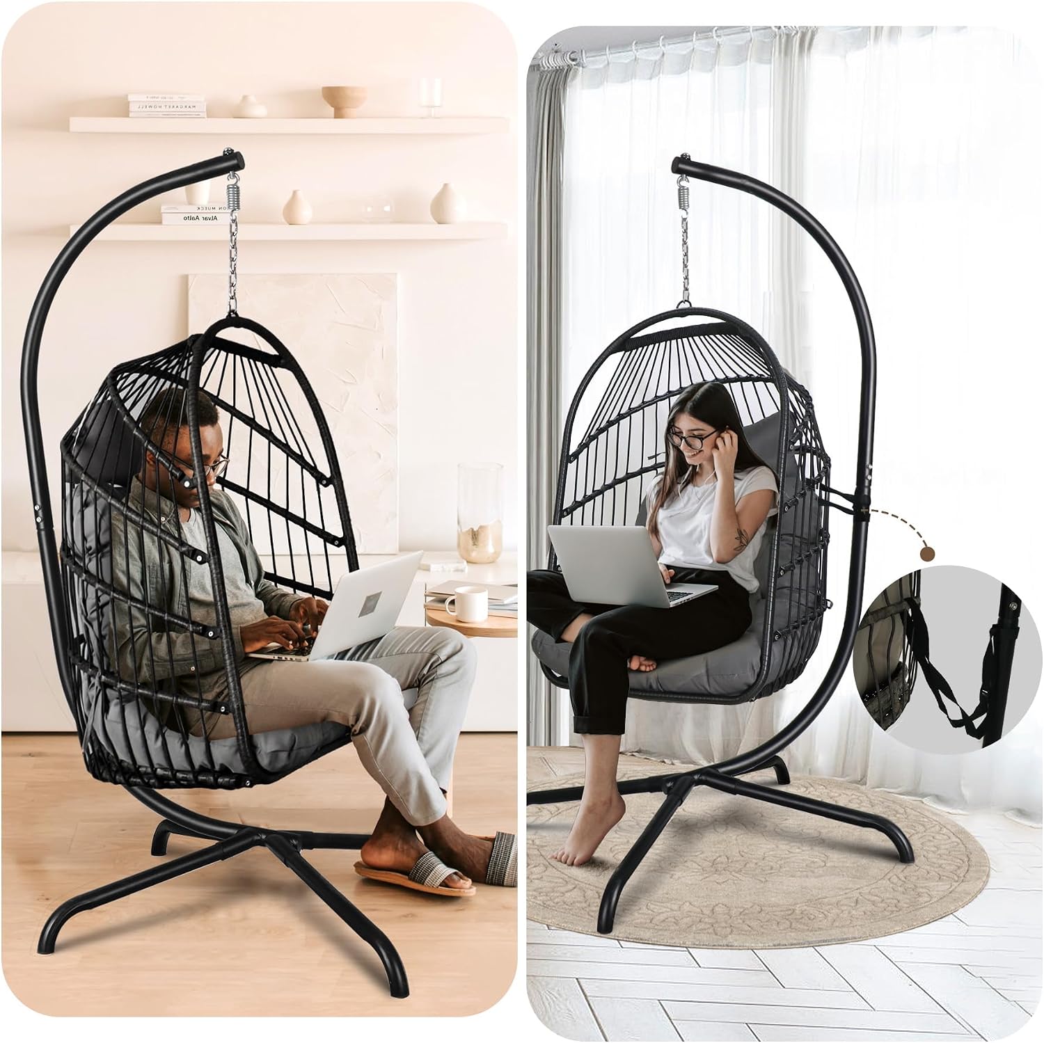 Chihee Egg Chair with Ultra Strong Stand and Cushion Foldable Wicker Rattan Hanging Chair Indoor Outdoor Patio Lounging Chair 330 lbs Capacity Balcony Porch Bedroom Garden