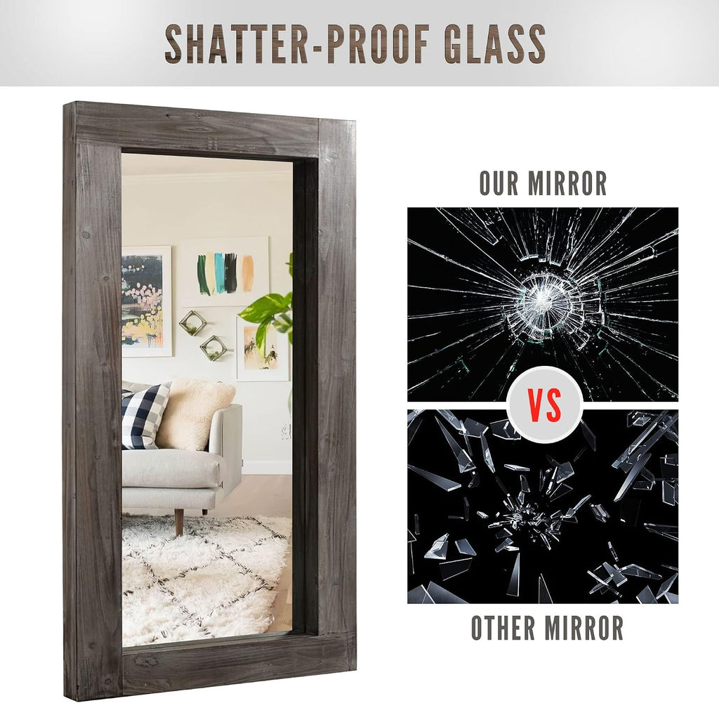 NeuType Floor Mirror Full Length, 71x32in Rustic Wood Frame Full Body Dressing Mirror, Wall-Mounted or Leaning Against Wall Standing Mirror, Farmhouse Decor for Bedroom Living Room, Charcoal Grilled