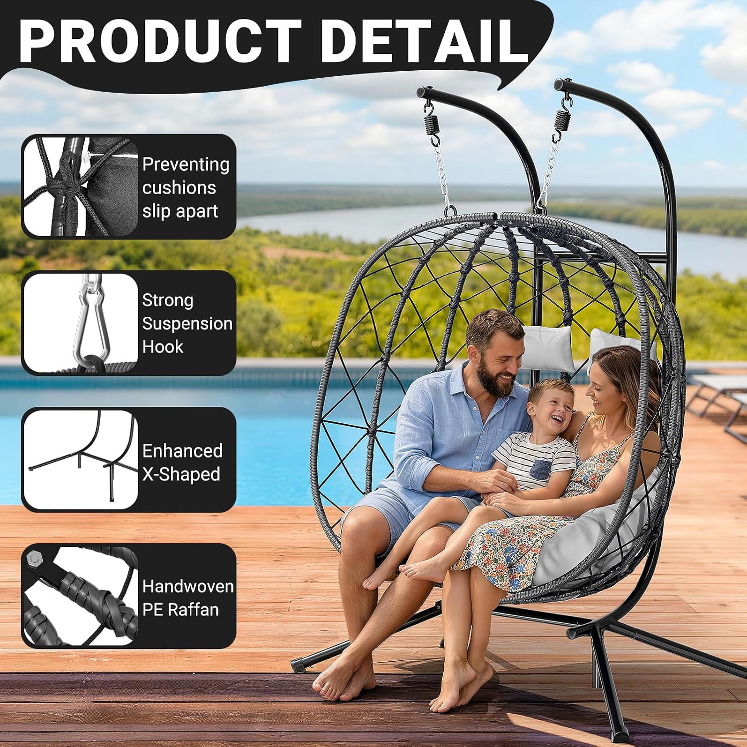 CHABATREE Double Egg Swing Chair with Stand - 2 Person Outdoor Patio Hanging Wicker Hammock Chair with Cushion, Dark Grey, for Garden, Lawn, Bedroom, Indoor/Outdoor Use