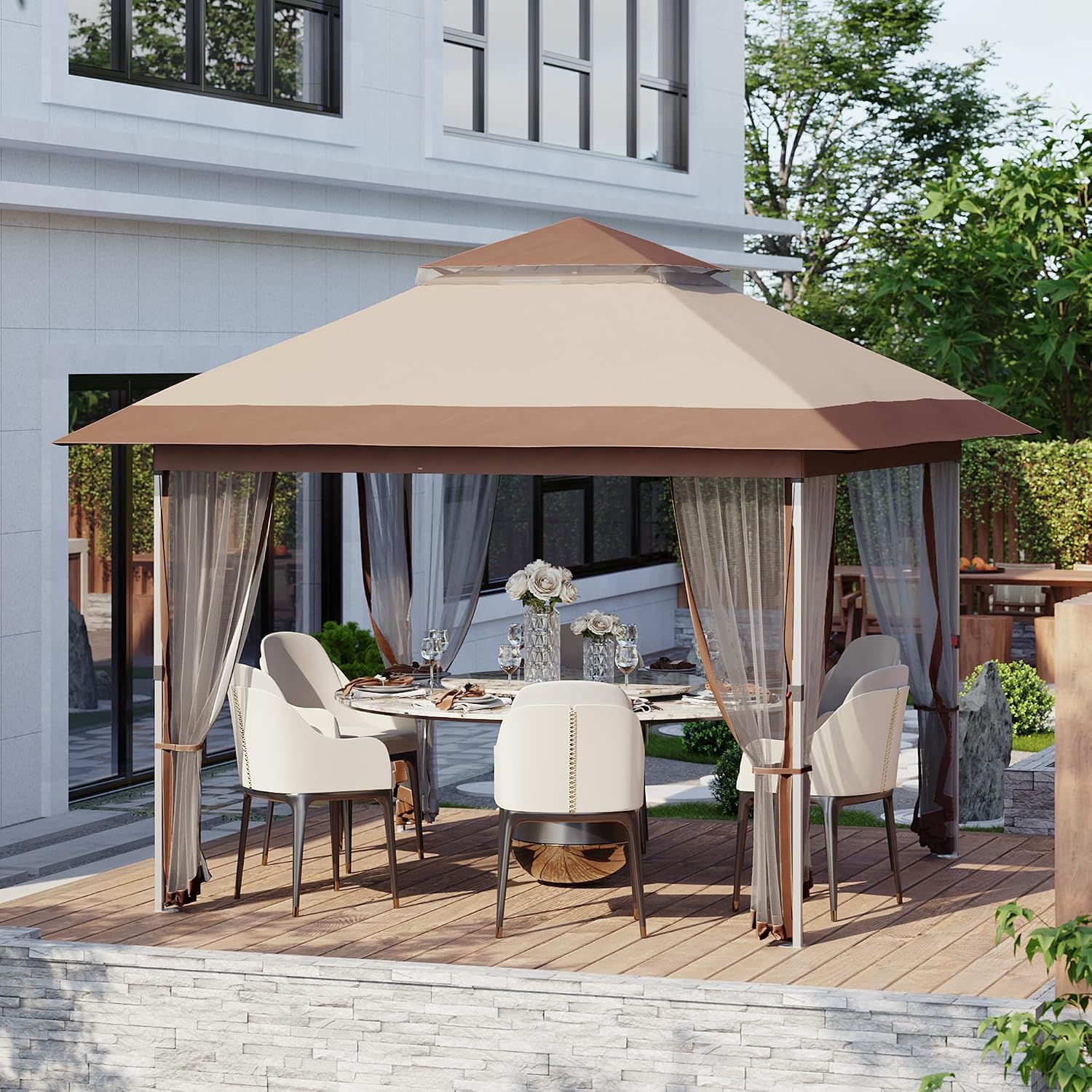 Pop Up Gazebo, 10x10 Outdoor Canopy Tent with Mosquito Netting, Pop Up Canopy Tent with Curtains/Adjustable Height/Wheeled Carrying Bag for Patio Garden Backyard Lawn