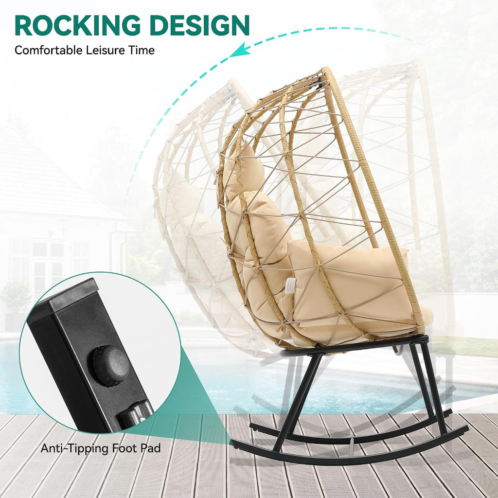 YITAHOME Wicker Rocking Egg Chair, Outdoor Patio Rocking Chair with Cushioned Comfort, 330lb Capacity, Anti-Slip, All-Weather Resilient Egg Lounger Chair for Indoor & Outdoor Relaxation Spaces, Beige