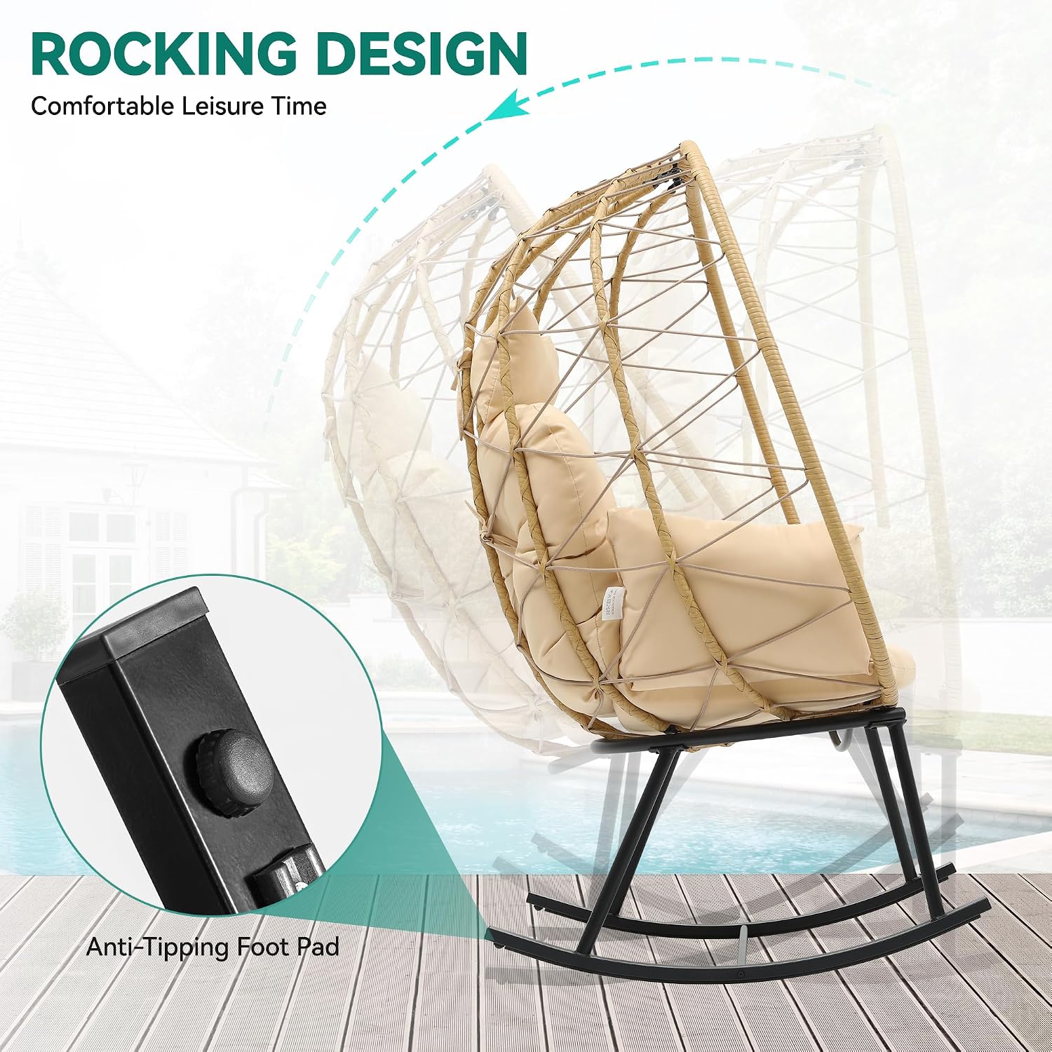 YITAHOME Wicker Rocking Egg Chair, Outdoor Patio Rocking Chair with Cushioned Comfort, 330lb Capacity, Anti-Slip, All-Weather Resilient Egg Lounger Chair for Indoor & Outdoor Relaxation Spaces, Beige