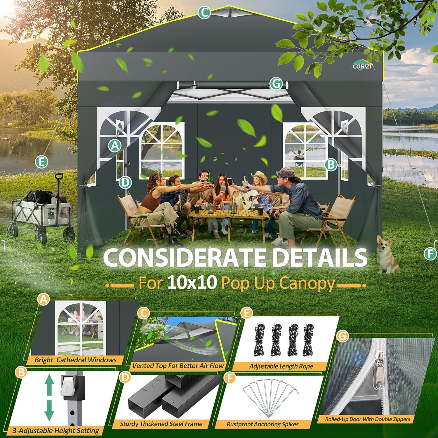 COBIZI 10x10 Pop up Canopy Tent with Sidewalls One Person Setup, Easy Outdoor Commercial Event Gazebo Shelter Enclosed Waterproof with Air Vent, 4 Sandbags for Garden,Party,Grey