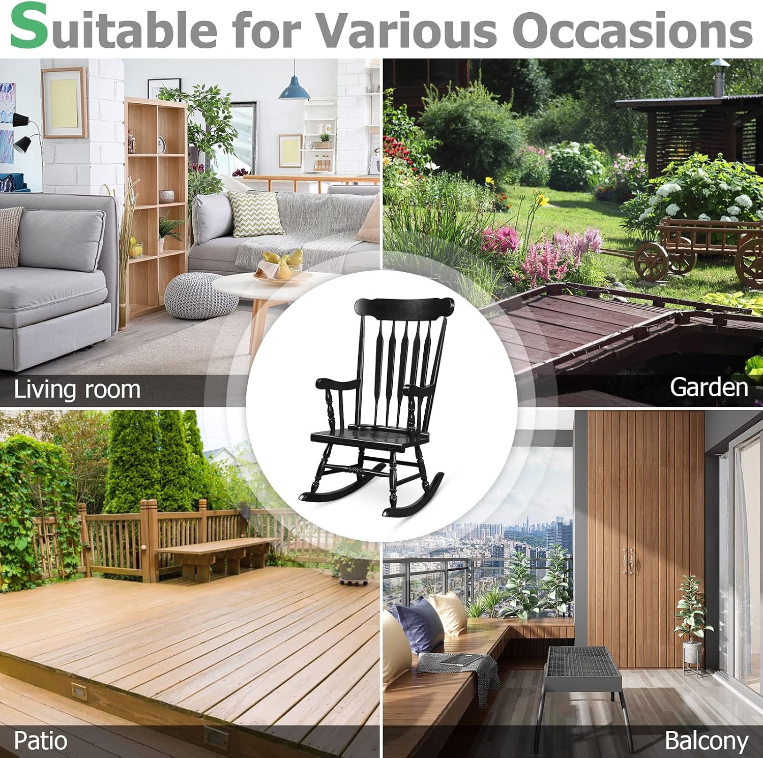 Tangkula Patio Rocking Chair Solid Rubber Wood, Outdoor Porch Rocker Chair with Rubber Wood Frame, Indoor Wooden Rocking Chair, Ideal for Garden, Backyard & Balcony (2, Black)