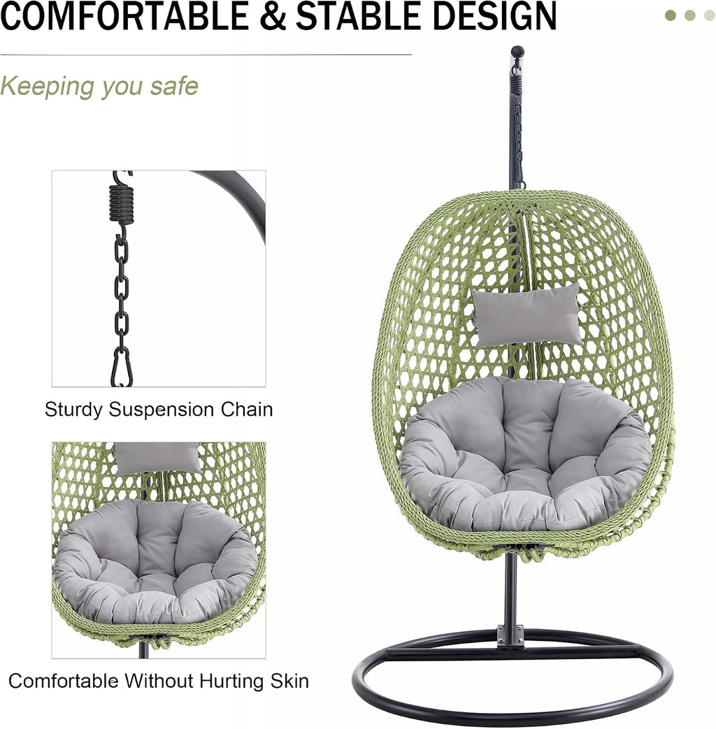 Hanging Egg Chair with Stand & Cushions, Outdoor and Indoor Hammock Rattan Swing Chair 350 lbs Capacity with Aluminum Steel Frame for Patio, Balcony, Backyard and Living Spaces (Green)