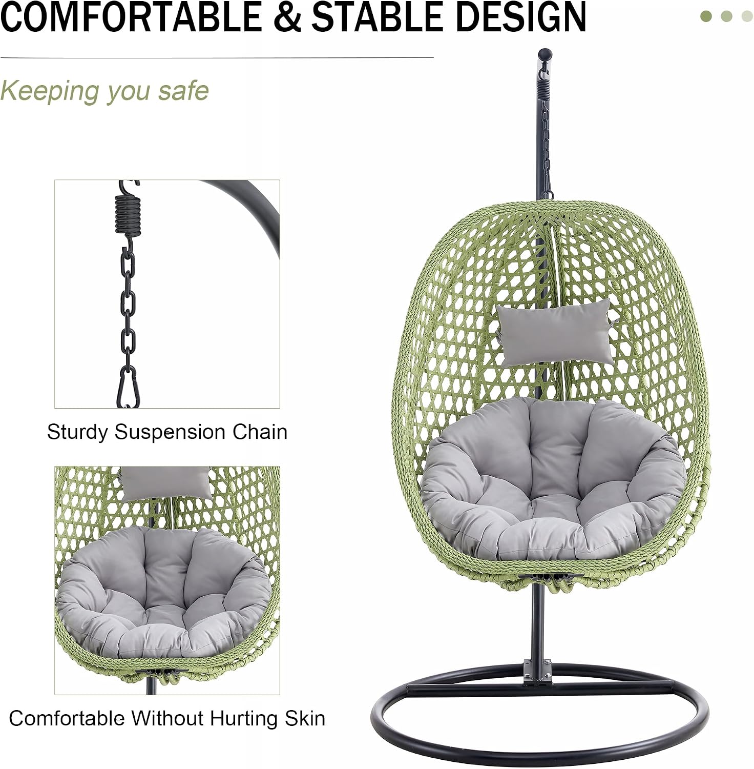 Hanging Egg Chair with Stand & Cushions, Outdoor and Indoor Hammock Rattan Swing Chair 350 lbs Capacity with Aluminum Steel Frame for Patio, Balcony, Backyard and Living Spaces (Green)