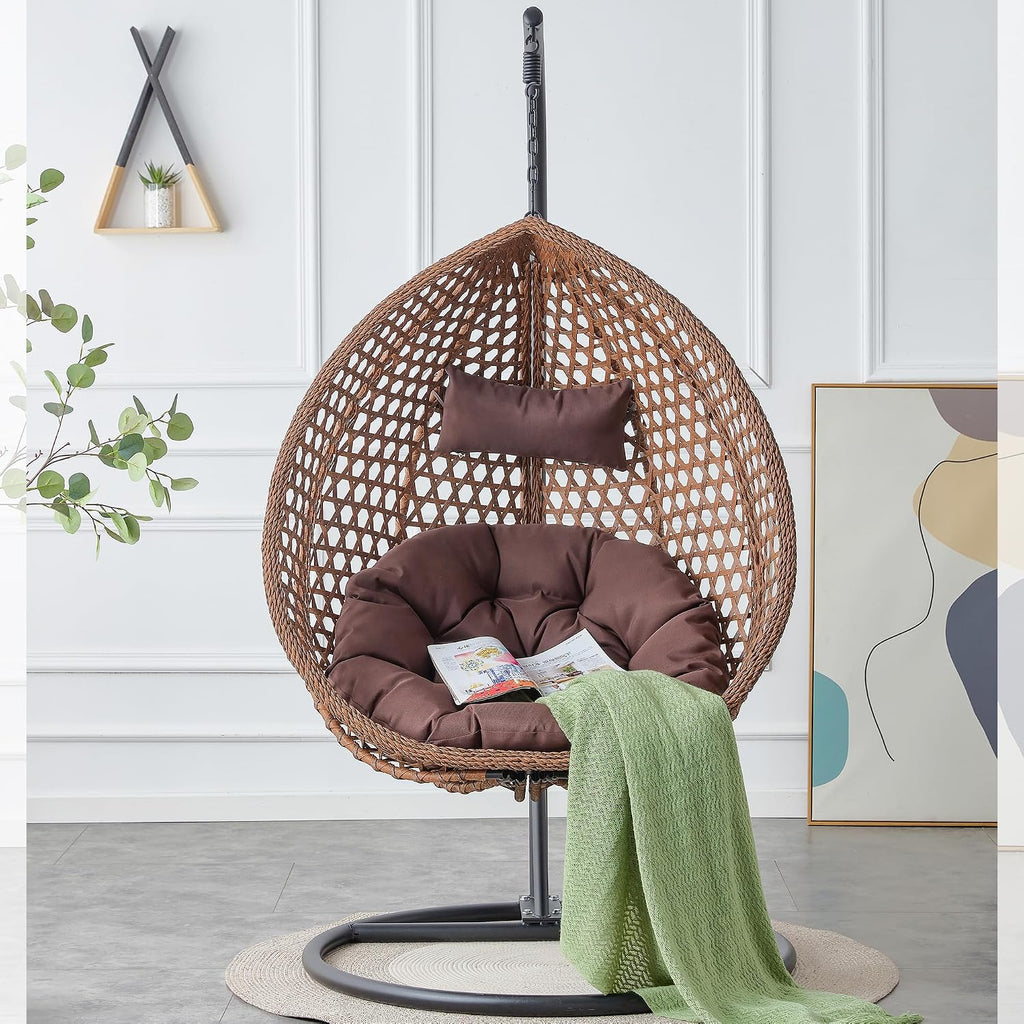 Egg Swing Chair Outdoor with Stand, Hanging Egg Rattan Basket Chair with Cushion and Pillow, Swinging Egg Chair, Foldable Basket and Metal Stand for Porch, Patio, Bedroom, Balcony,Yard (Brown)