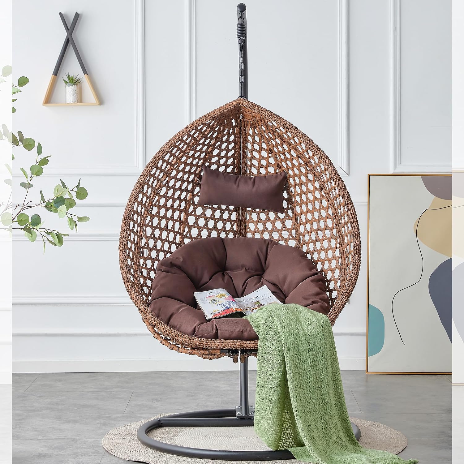 Egg Chair Indoor Outdoor, Hanging Chair for Bedroom, Swing Chair Hammock with Stand & Cushions, Comfy Swinging Chair Adult Reading Chair for Patio Balcony Backyard, Heavy Duty 350LBS, Brown
