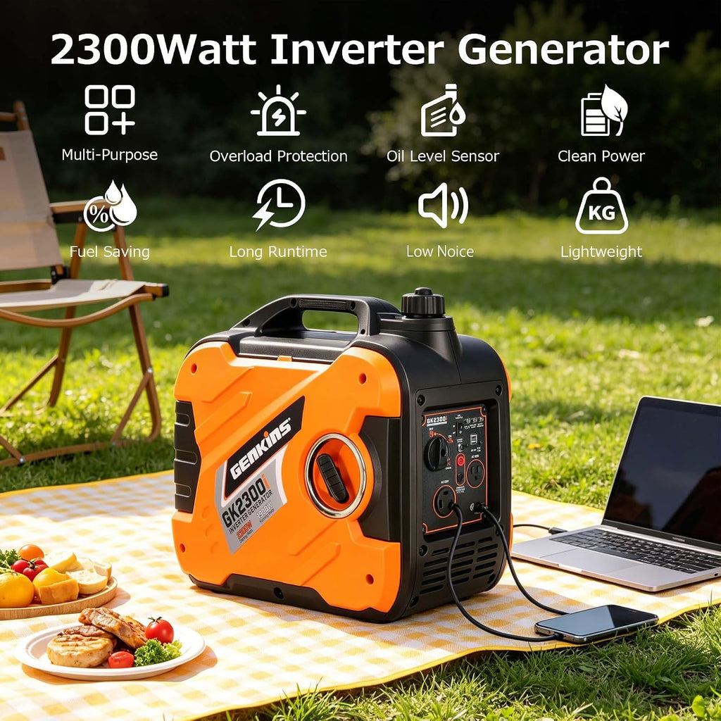 GENKINS Inverter Generator 2300 Watt Portable Generator Gas Powered Ultra Quiet for RV Ready Outdoor Camping Home Backup