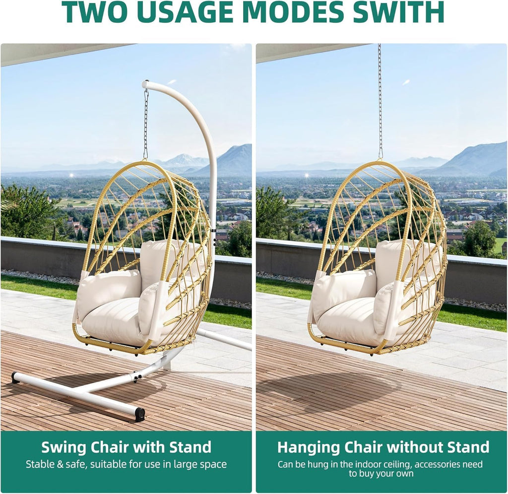 YITAHOME Hanging Egg Chair with Stand, Rattan Wicker Swing Egg Chair with Resistant Cushion, 350lbs Capacity, Foldable Hanging Rattan Basket Chair for Porch, Garden, Bedroom, Balcony, Beige