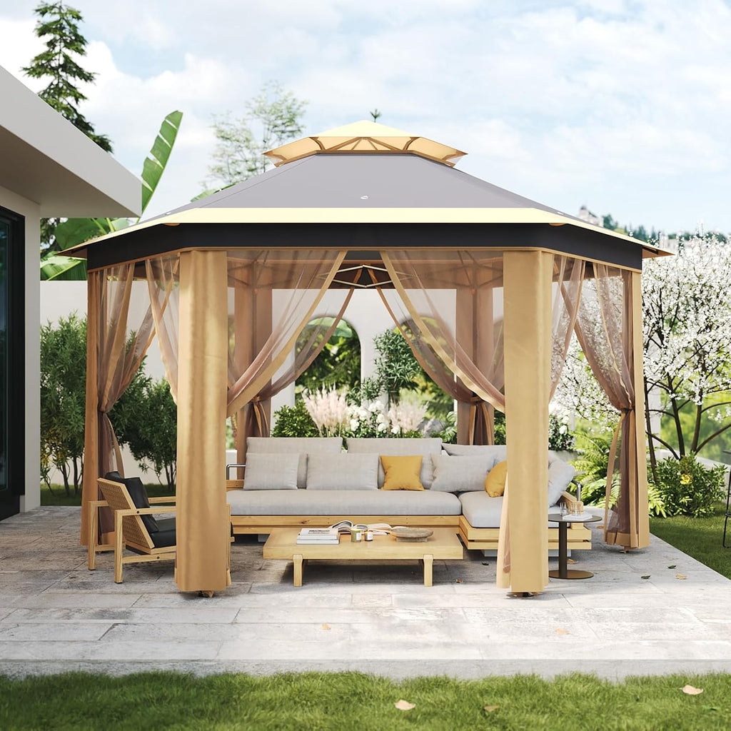 13'x13' Pop Up Gazebo with Mosquito Netting, Canopy Tent with Portable Carry Bag, Outdoor Gazebo for Backyard & Patio Furniture, Double-Layer Outdoor Pergola for Lawn, Garden, Khaki Beige