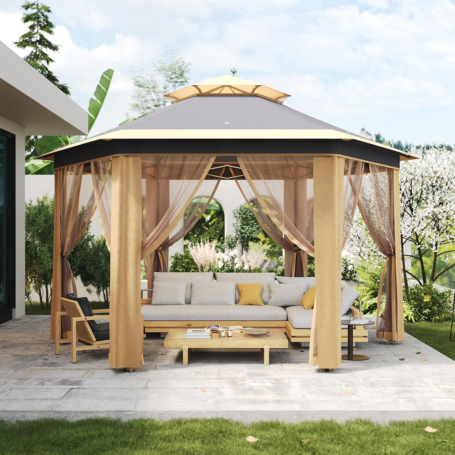 13'x13' Pop Up Gazebo with Mosquito Netting, Canopy Tent with Portable Carry Bag, Outdoor Gazebo for Backyard & Patio Furniture, Double-Layer Outdoor Pergola for Lawn, Garden, Khaki Beige