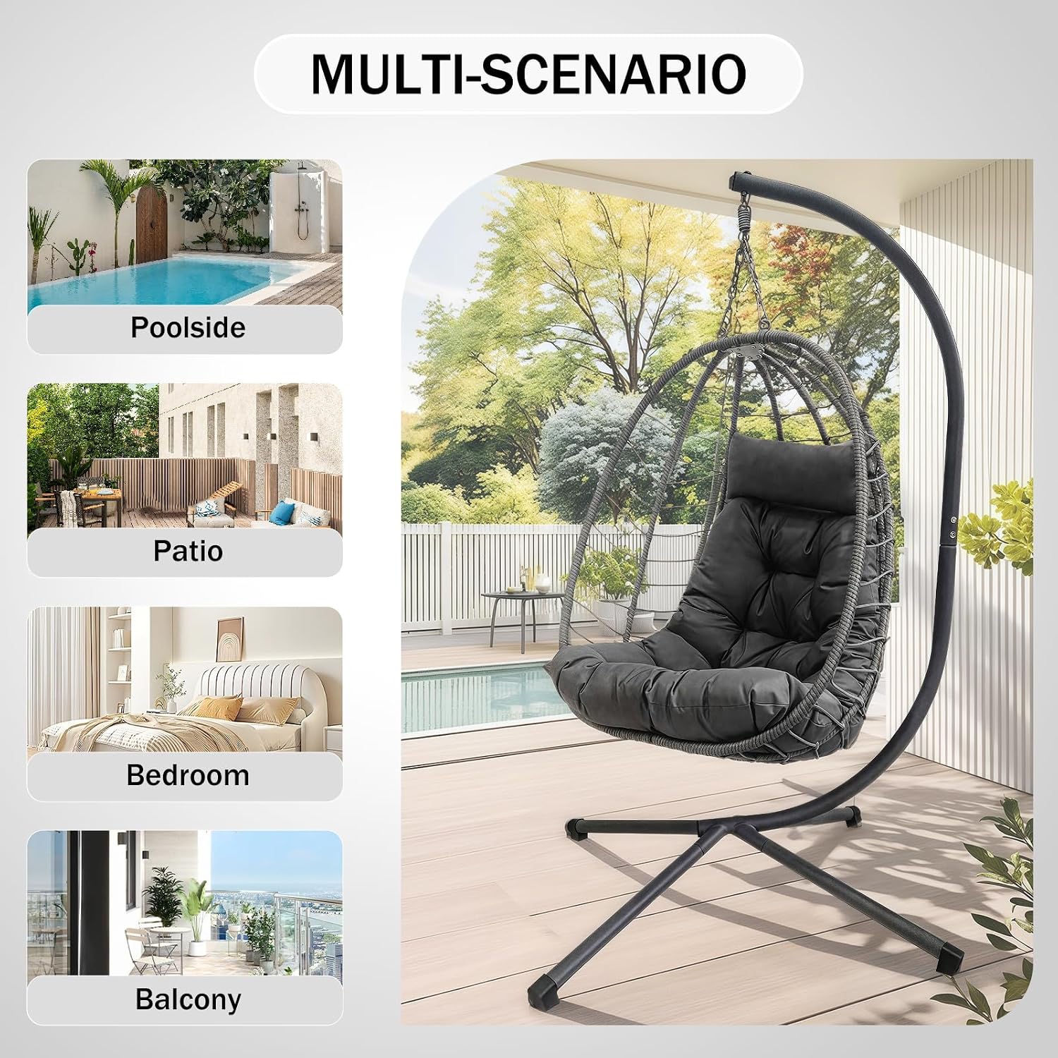 Hanging Egg Chair with Stand, Outdoor Indoor Rattan Wicker Swing Chair, Foldable Patio Hammock with Cushion, Dark Grey, 350 LBS Capacity (Dark Grey)