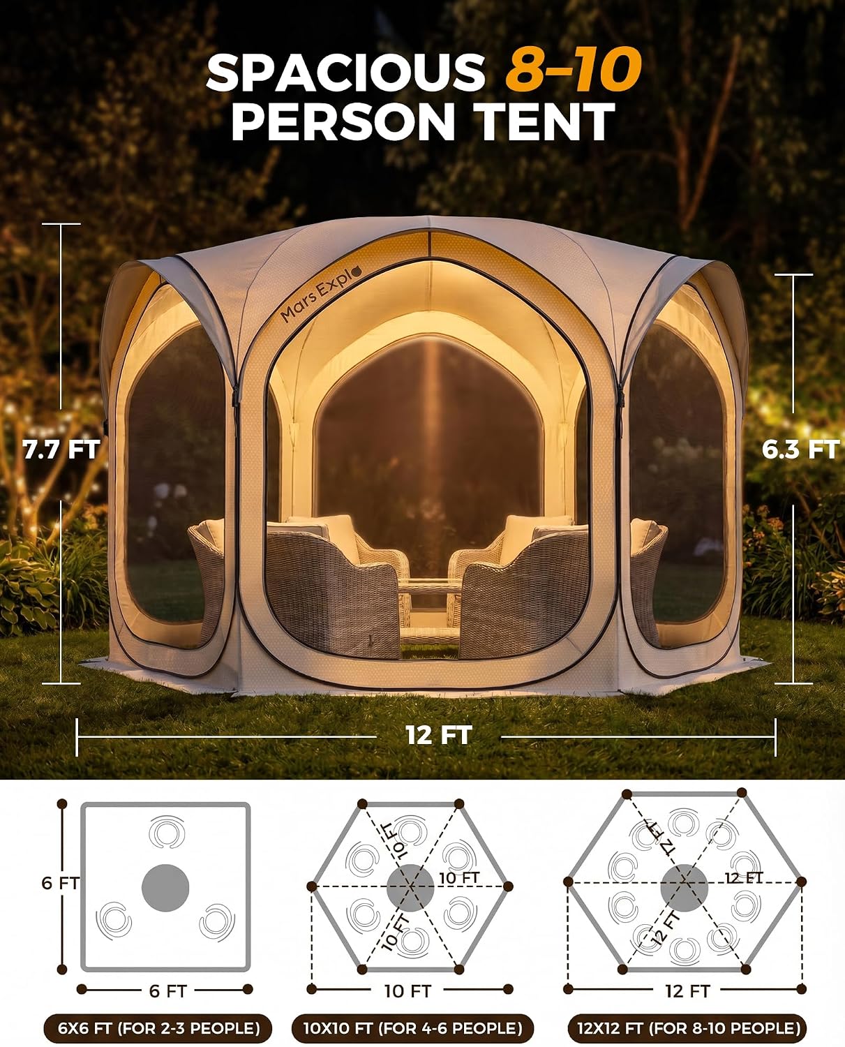 12x12 FT Pop-Up Screen Tent, Portable Screen Room Canopy with Zipper Doors for Patio, Backyard, Deck & Outdoor Activities, Beige